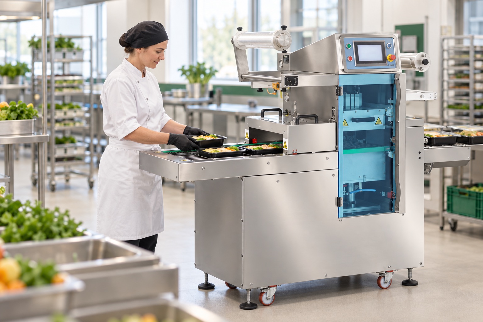 Illustration av en operatör som placerar måltidstråg vid en BMB-liknande förpackningsmaskin i ett produktionskök